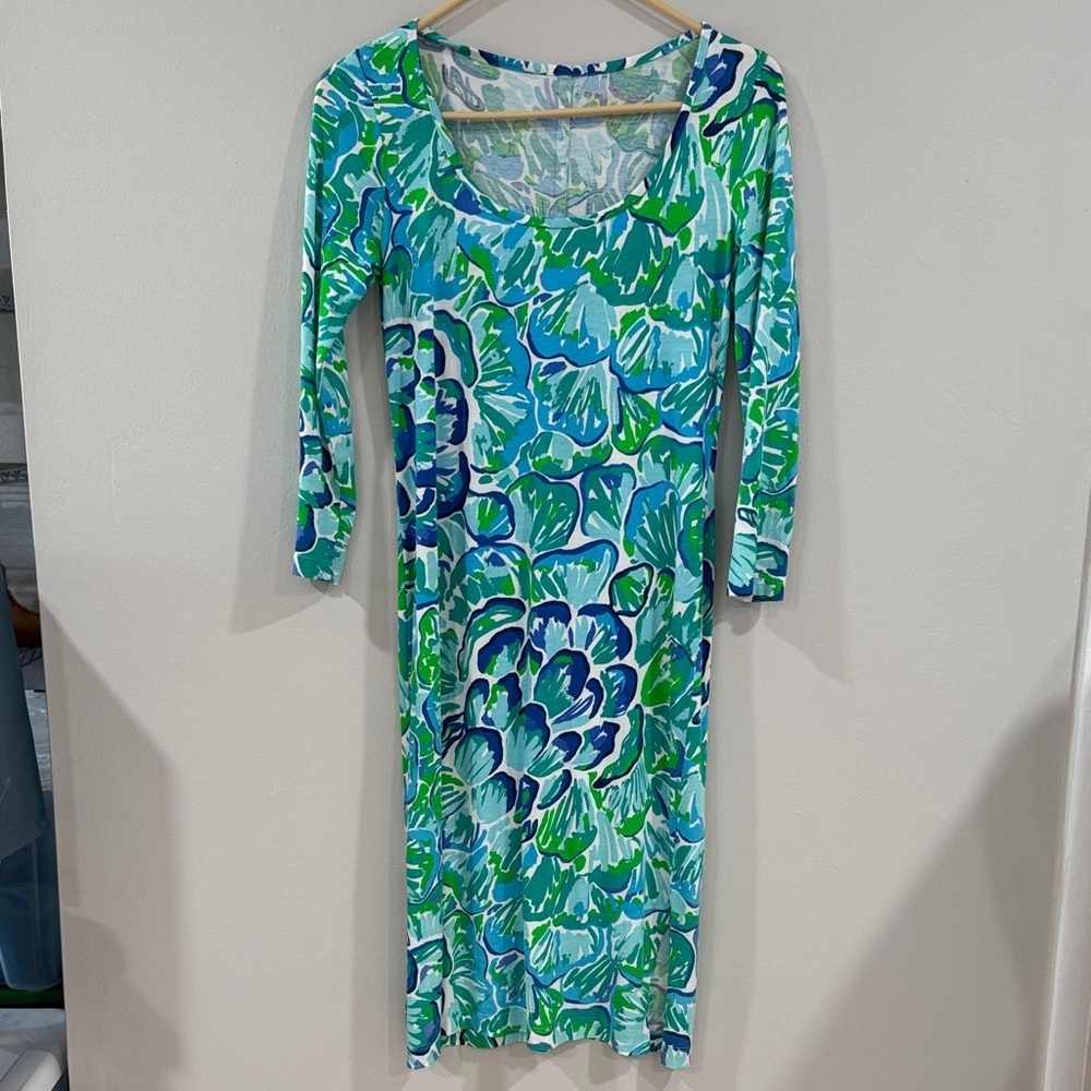 Lilly Pulitzer Kenzie vibrant Blue and Green 3/4 sleeve pima cotton dress - Picture 3 of 6